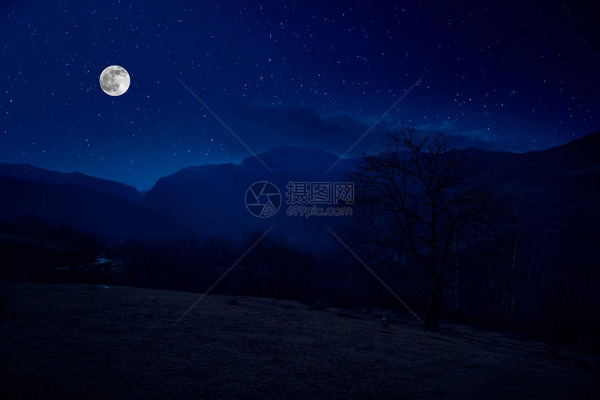 满月之夜穿过森林的山地路在夜晚与大月亮相伴的乡村图片
