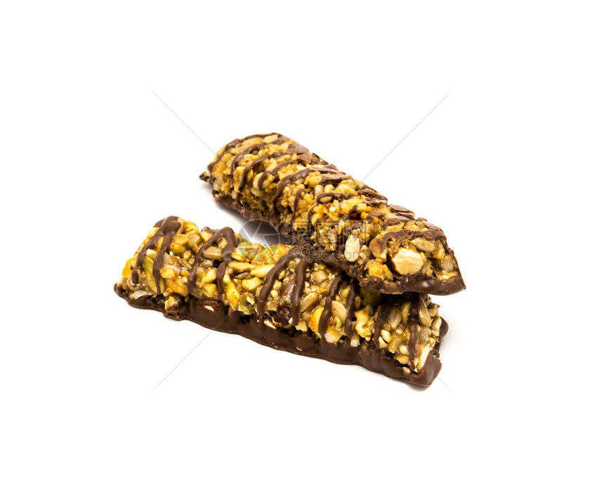 两个黑巧克力营养棒上白色孤立天然成分是杏仁腰果椰子坚果和可糖涂层棕榈仁油有机向日葵图片