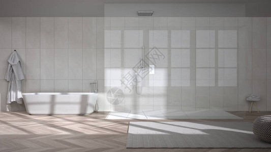 宽敞的米色浴室配有人字形镶木地板步入式淋浴间和独立浴缸瓷砖带坐垫的地毯浴袍和毛巾简背景图片