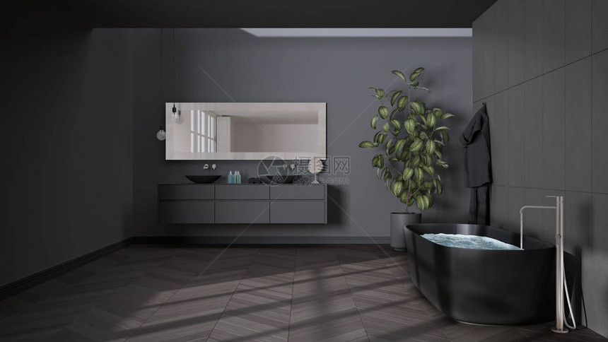 宽敞的灰色调浴室配有人字形镶木地板特写独立浴缸带毛巾和瓶子的双水槽镜子盆栽植物简图片