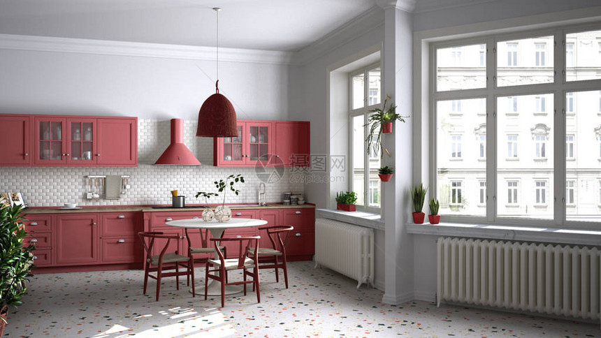 复古的白色和红色复古厨房配有水磨石大理石地板全景窗户餐厅带木椅的圆桌盆栽植物散热器吊图片