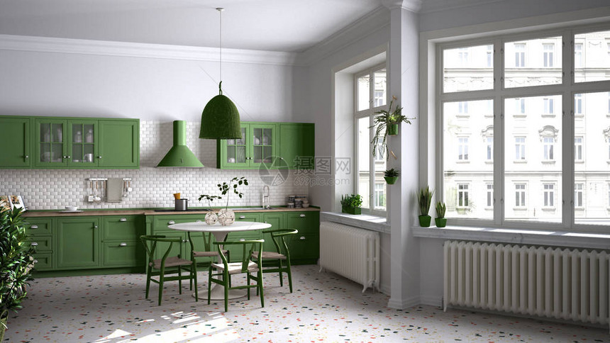 白色和绿色后古厨房图片