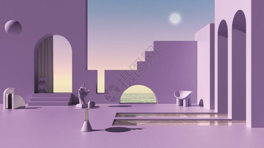 虚构的虚构建筑般的空旷间外部露台设计混凝土紫墙拱形窗户水池带手雕像的桌子海背景图片
