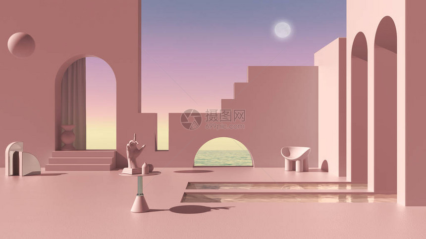 虚构的虚构建筑梦幻般的空旷间外部露台设计混凝土粉红色墙壁拱形窗户水池带手雕像的桌子海图片
