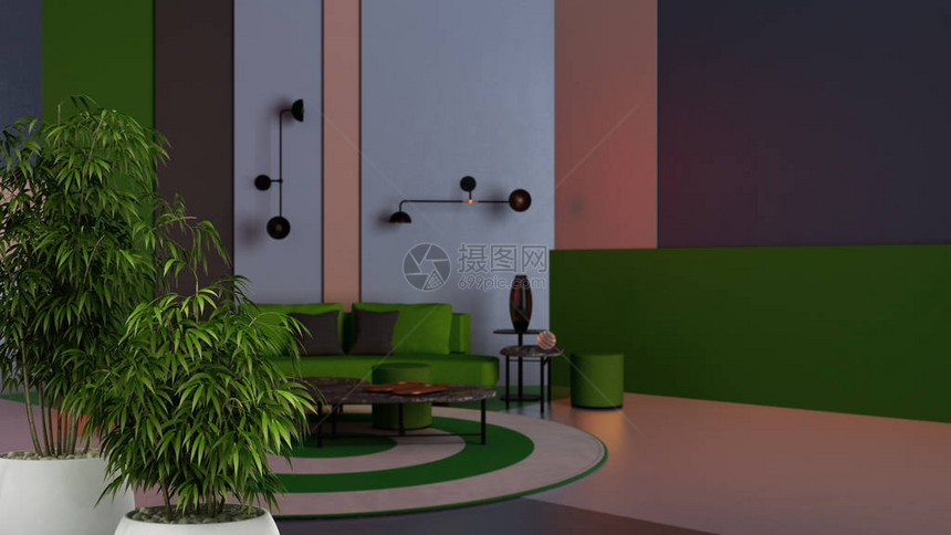 Zen内地有竹制植物天然室内设计概念丰富多彩的客厅绿色沙发休息室咖啡桌和腐蚀物经典图片