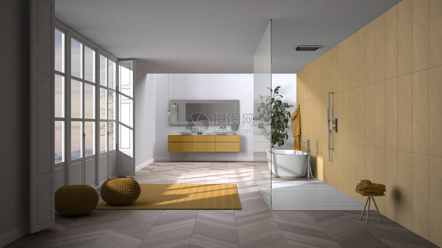 黄色调的宽敞浴室配有镶木地板全景窗户步入式淋浴间和独立浴缸带坐垫的地毯双水槽盆栽植物简图片