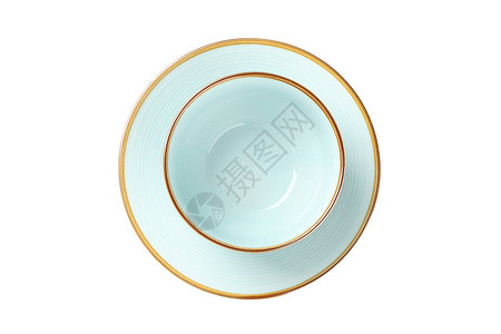 蓝色干净的盘子和碗隔离在白色背景上图片