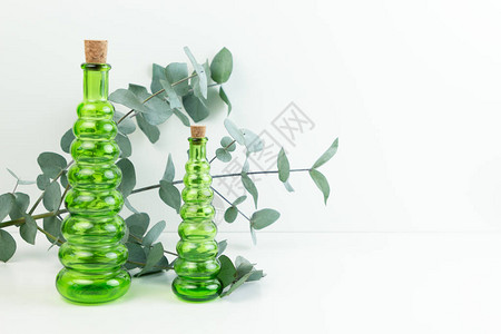 玻璃绿色瓶子和白底的叶卡利普图斯树枝图片
