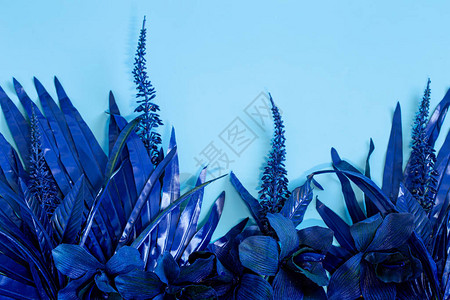 人造热带美丽的蓝和叶子背景变化的蓝色文图片