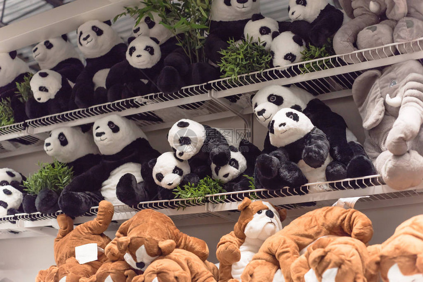 美国零售店货架上的毛绒玩具熊猫超级市场的小熊娃毛绒玩具或可爱玩具毛绒动物图片