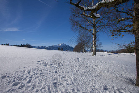 清蓝的天空与雪在瑞士的山丘祖格伯图片