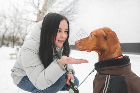 一个微笑的女孩和狗在冬天散步的特写肖像图片
