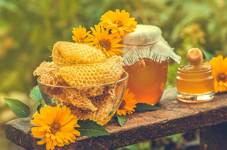 甜蜂蜜梳子和蜂蜜杓子在模糊的花园背景从蜂蜜北斗和春天的花朵中滴下的蜂蜜乌背景图片
