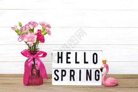 小彩色粉红康乃馨装在花瓶和灯盒里图片
