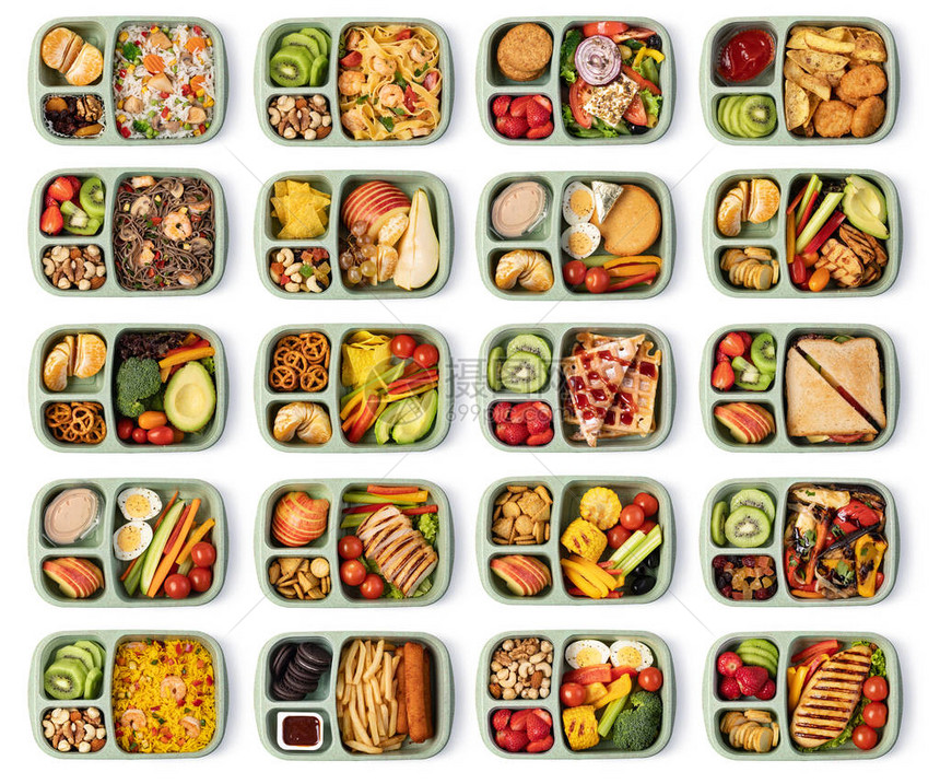 带美味食品的午餐盒白底隔离图片