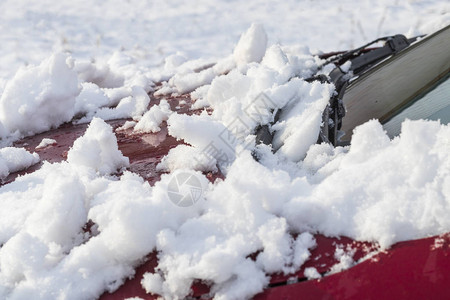 车是红色的在引擎盖上有湿雪很图片