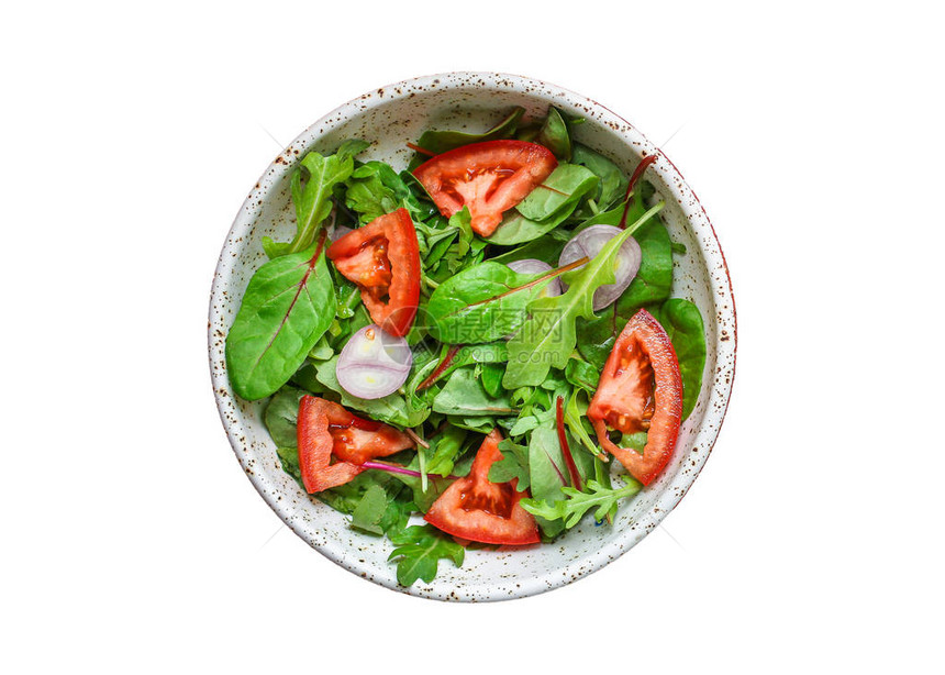 健康沙拉图马托混合叶洋葱和其他成份素顶keto或古白菜单概念食物背景图片
