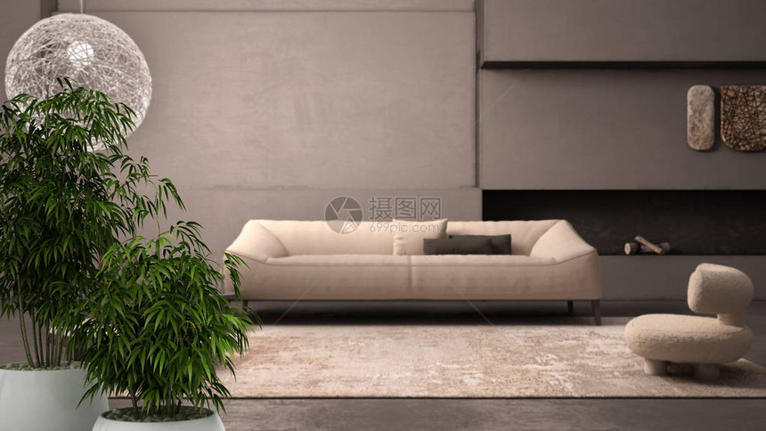 带有盆栽竹植物的禅宗内饰自然的室内设计理念带石膏墙和地板的优雅格朗基客厅壁炉沙发地毯图片
