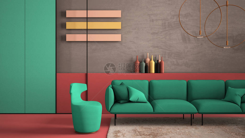 红色和绿松石色的现代客厅沙发扶手椅地毯混凝土墙面板和装饰铜灯室内设计氛图片