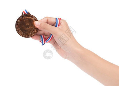 赢家举起手掌持有铜奖章图片