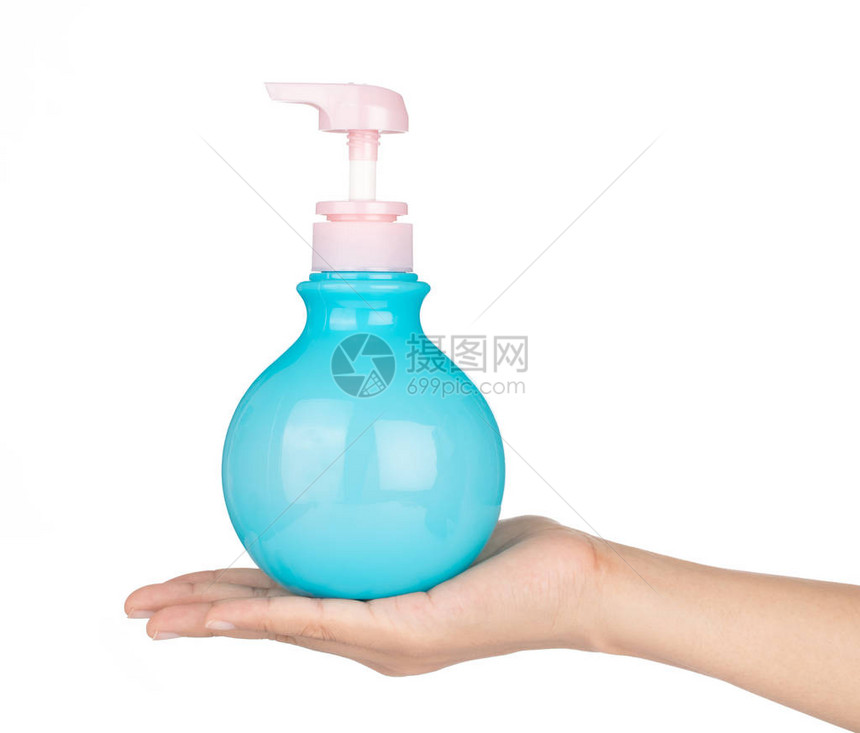 蓝色形状圆形塑料瓶在白色背景上图片