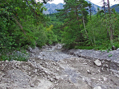 莱茵河谷Rheintal上方季节高山激流干涸的河床列图片