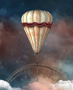 幻想气球和一座漂浮在天空中的桥图片