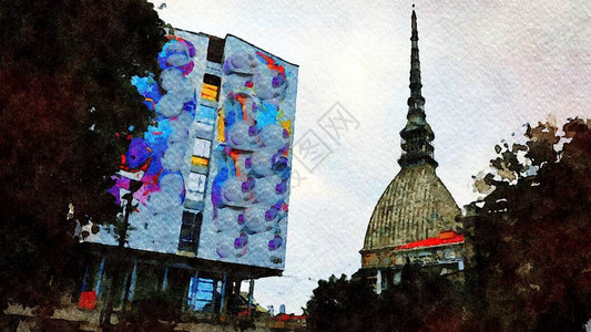代表意大利都灵最重要的建筑物之一的水彩色图片
