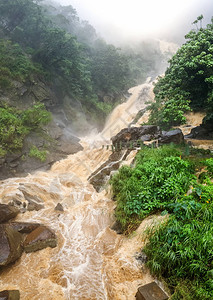 山河在山上热带丛林森中溢出山上满水的瀑图片