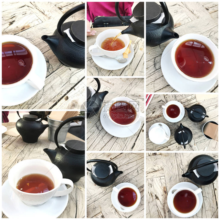 茶壶倒在杯子里的饮料在桌子上倒茶英式风格水壶图片