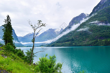 美丽的Oldevatnet冰川湖和雾山的景观高清图片