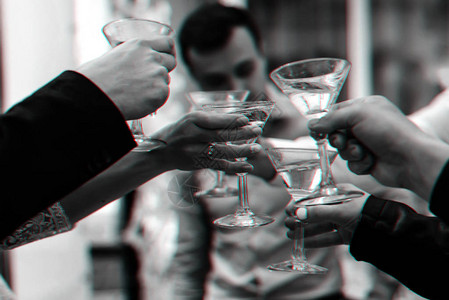 庆祝婚礼的一群朋友手中的马提尼酒杯3D虚拟图片