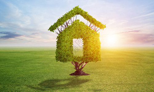 房子形状的绿色植物生长在绿色的田野与夏天草甸和蓝天的自然风景绿色环保技术出售和出租不动产房背景图片