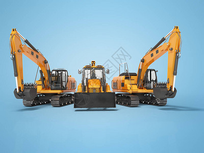 3D使橙色建筑机械多功能拖拉机和履带式挖土机在蓝色背景加上影背景图片