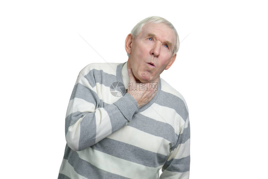 患有冷病的老人在咳嗽老年病肖像白图片