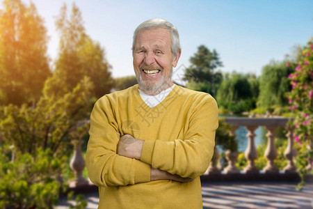 在户外大笑的老男人穿着羊毛汗衫的快乐老人双手交叉图片