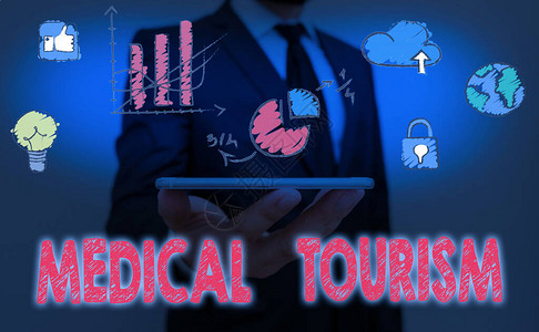 显示医疗旅游的书面说明出国旅行接受医疗的商业理念图片