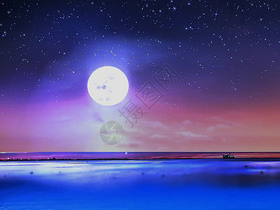 夜晚的海洋星空满月粉色日落蓝波反射海平线在地平背景图片