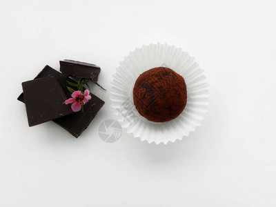 白色背景的巧克力巧克力松露和黑色巧克力片图片