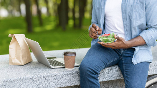 无法辨认的非裔美国人在公园吃沙拉喝咖啡和用笔记本电脑对着公园图片
