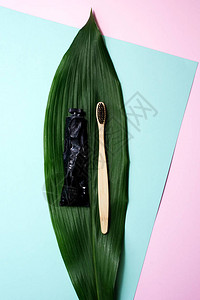 蓝面和粉色面料背景的天然棕榈绿皮纸上金属管上的竹子木笔和牙膏图片