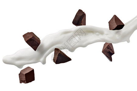 巧克力片和白底牛奶的紧闭图片