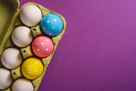 紫色罗兰色平原背景中彩蛋盘中的彩色圆点复活节彩蛋贺卡复印图片