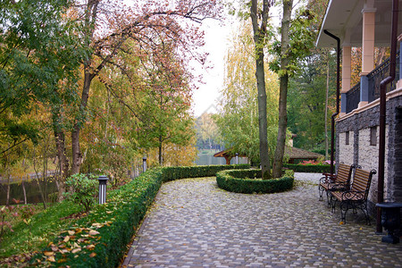 秋天公园的庄园可白石铺路灌木丛图片