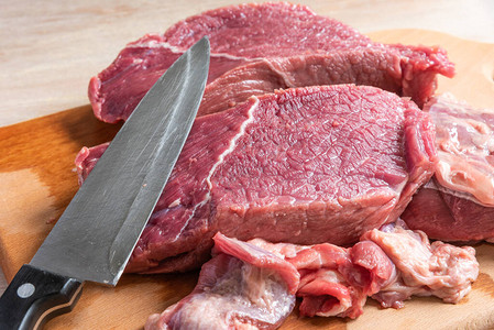 用厨师的刀砍一块牛肉在切图片