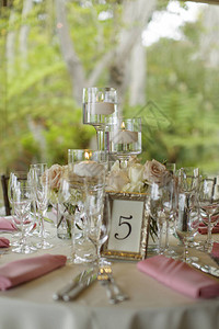 以粉红和白桌子设置为婚礼招图片