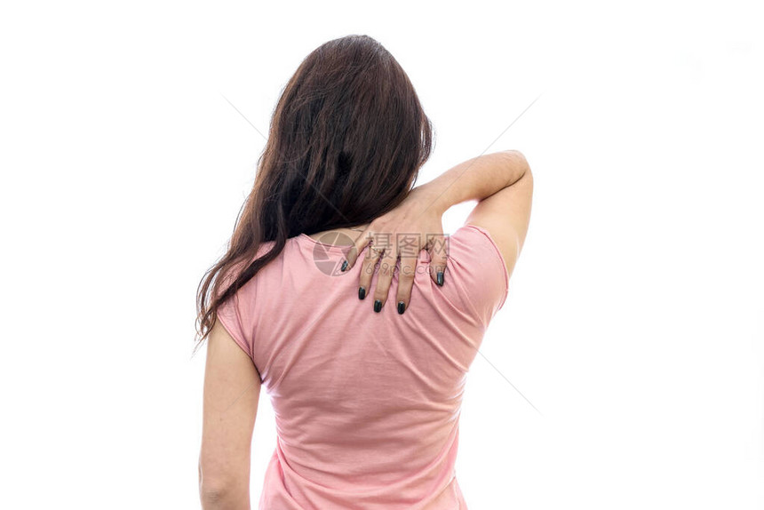 颈部疼痛的女人被白色隔离图片