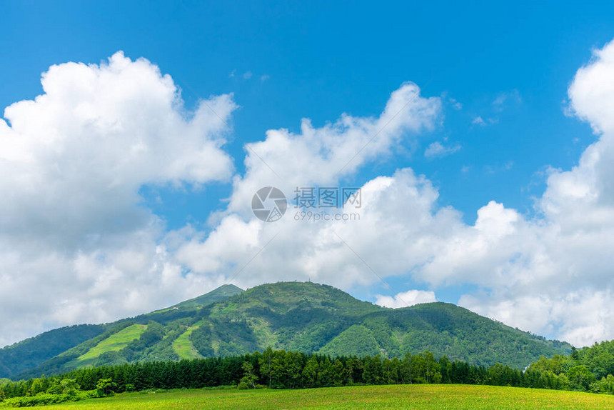 新雪谷安努普利山在春天阳光明媚的日子乡村自然景观蓝天和白云在背景上日本北海道尻图片