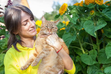 村里夏天的可爱女孩怀里抱着红猫图片