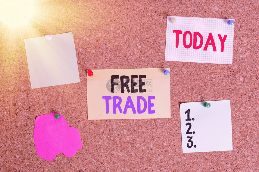 显示自由贸易的概念手写概念意味着国际贸易在没有关税的情况下顺其自然进程软木板尺寸的纸图片